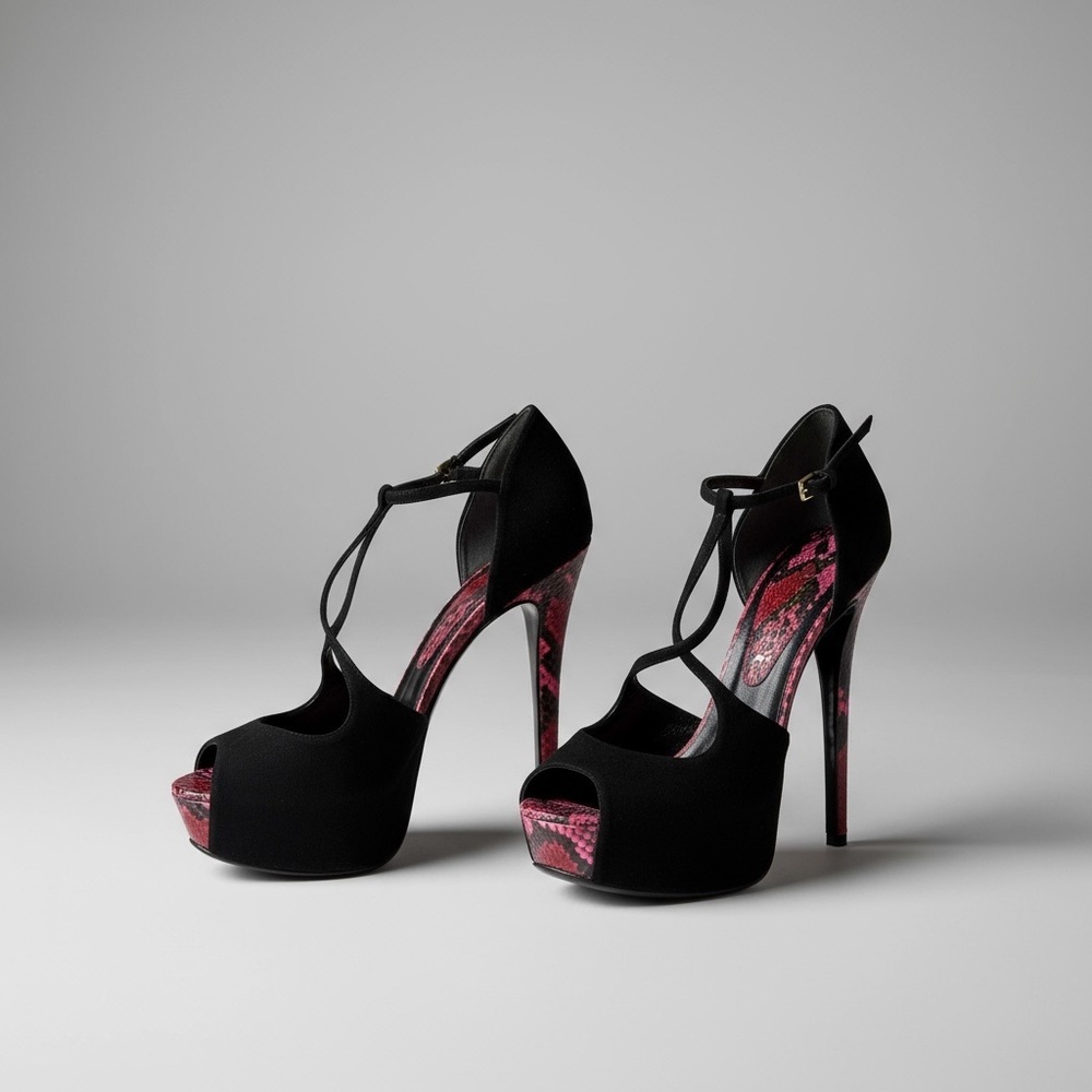 Gucci Black Suede and Pink Snakeskin peep toe heels EUC